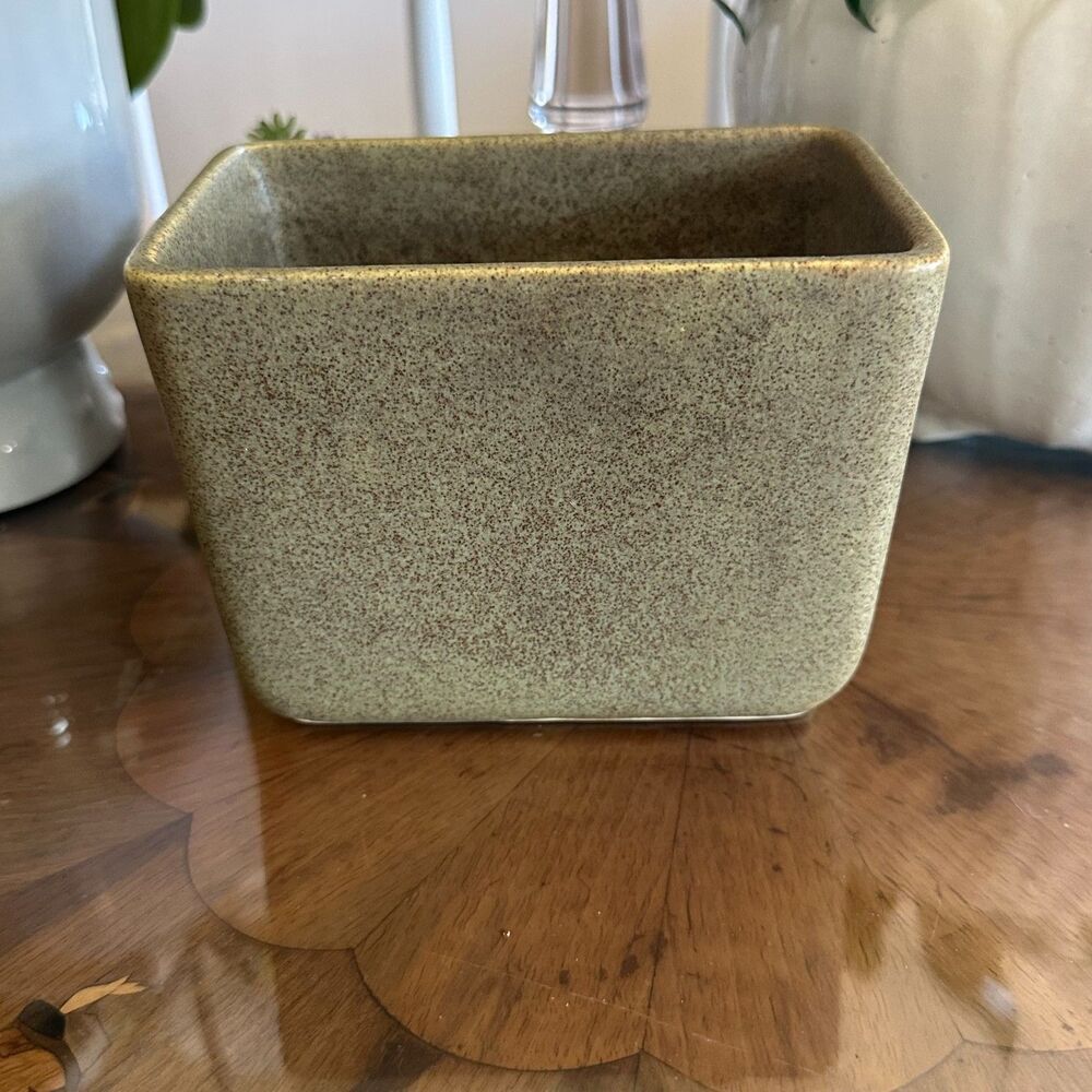 Vintage Mid Century Green Speckled Stoneware Pottery Square Planter